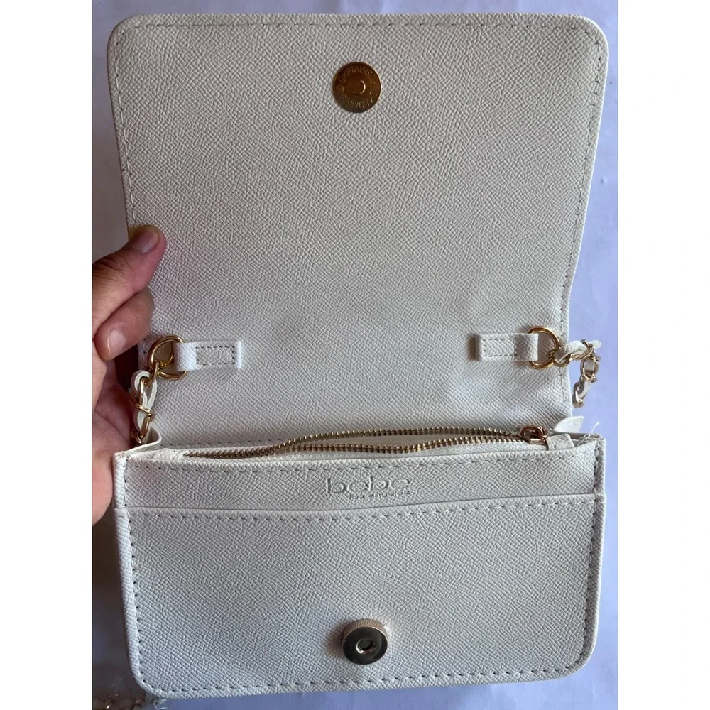 Bebe Los Angeles Crossbody Bag, Embossed Logo Pattern Chain Strap Off White‎ NWT